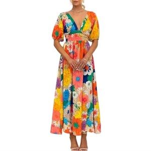Floral Frenzy Colorful V Neck Puff Sleeve Maxi Dress